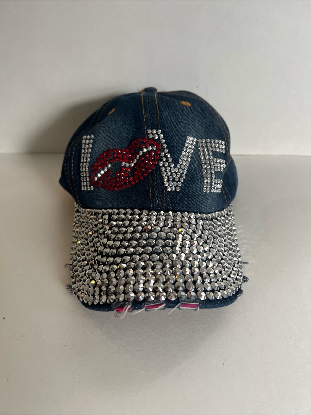 Rhinestone 'LOVE' Denim Cap with Red Lip Accent